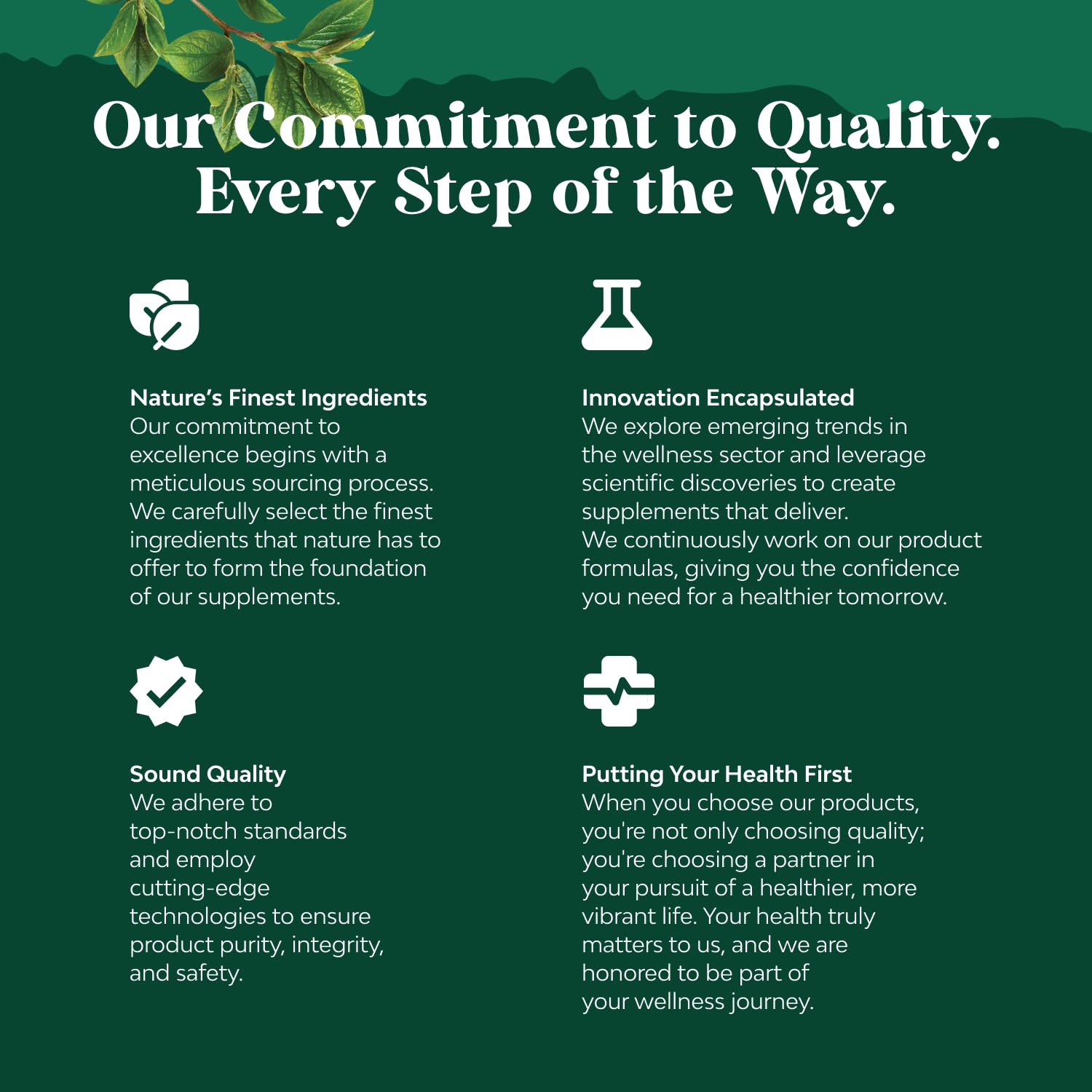 Herbal lymphatic drainage drops quality commitment graphic highlighting ingredients, innovation, sound quality, and health focus.