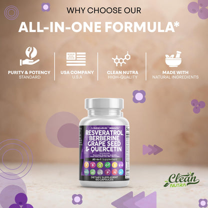 Clean Resveratrol Supplement | Berberine Grape Seed Extract Quercetin Green Tea Extract Acai Noni Polyphenol Supplement for Women & Men Anti Aging N-Acetyl Cysteine NAD Booster