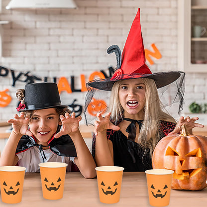 100Pcs Halloween Pumpkin Cups - Disposable Paper Cups, 9oz Orange, Two Styles Jack O Lantern Pumpkin Face, Hot & Cold Beverage Cups for Halloween Party