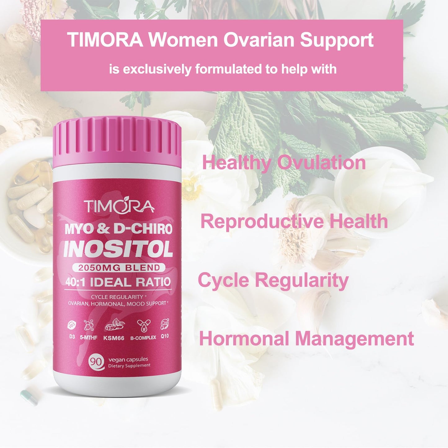 TIMORA Premium 10-in-1 Myo-inositol & D-Chiro Inositol Supplement for Women, Small Capsules for Hormone Balance & Ovarian Support, Skin Health, Plus Folate and Vitamin D - Ideal 40:1 Ratio