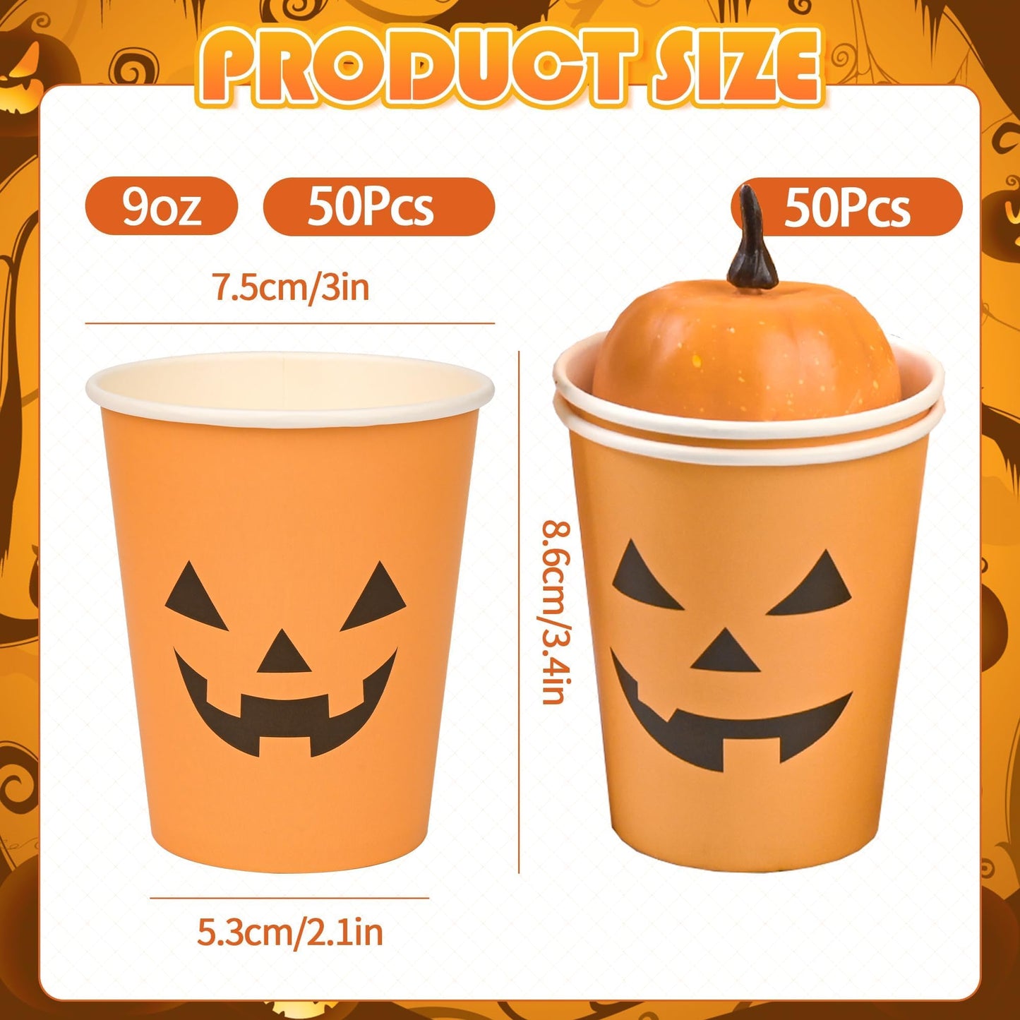 100Pcs Halloween Pumpkin Cups - Disposable Paper Cups, 9oz Orange, Two Styles Jack O Lantern Pumpkin Face, Hot & Cold Beverage Cups for Halloween Party