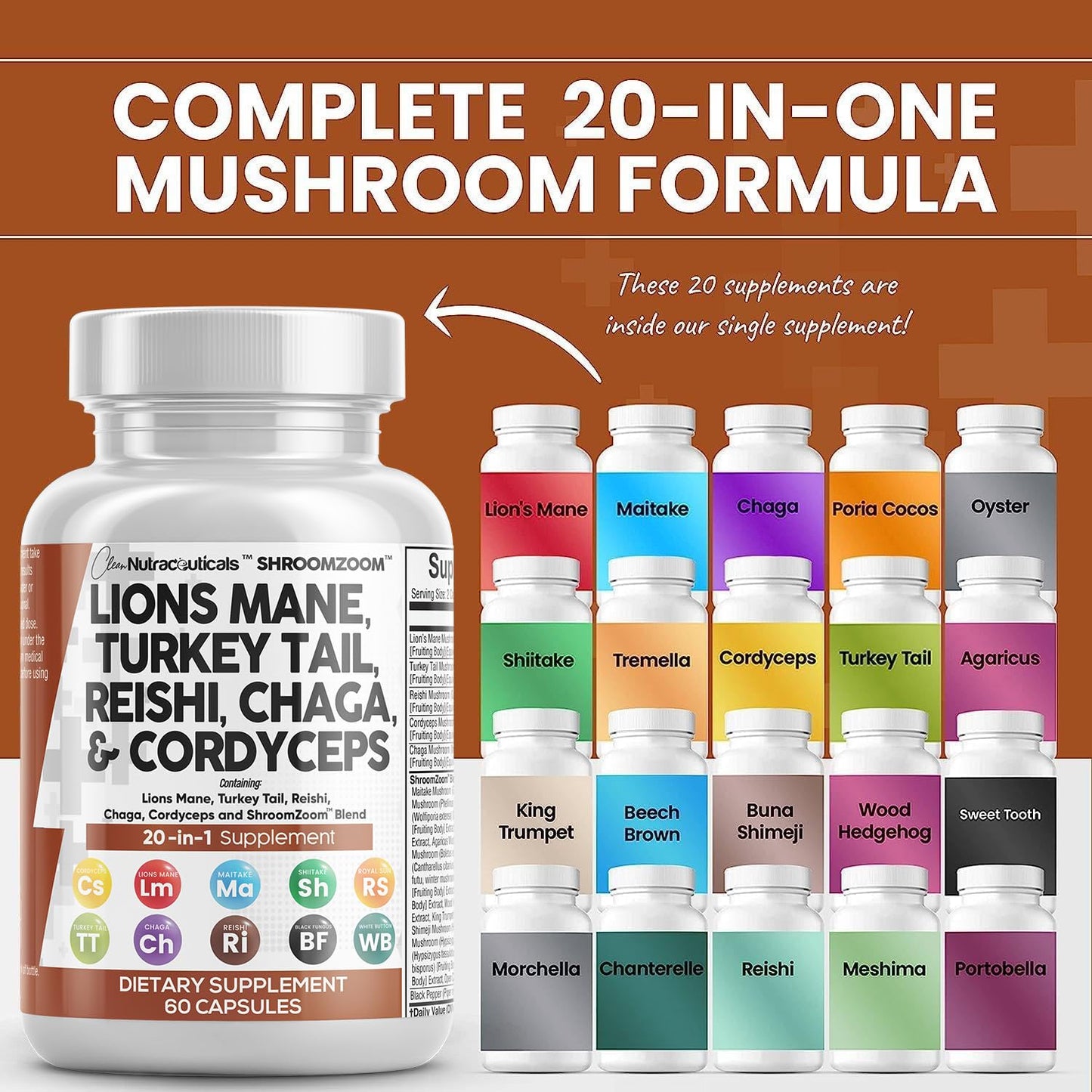 Clean Nutraceuticals Lions Mane 20in1 Mushroom Supplement with Turkey Tail Reishi Cordyceps Chaga Maitake Meshima Poria Cocos Shiitake Oyster Porcini Enoki - 1 Pack