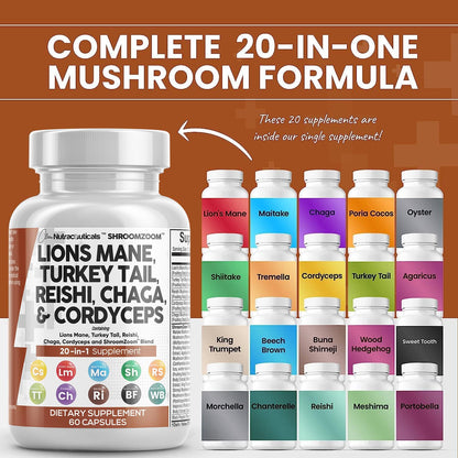 Clean Nutraceuticals Lions Mane 20in1 Mushroom Supplement with Turkey Tail Reishi Cordyceps Chaga Maitake Meshima Poria Cocos Shiitake Oyster Porcini Enoki - 1 Pack