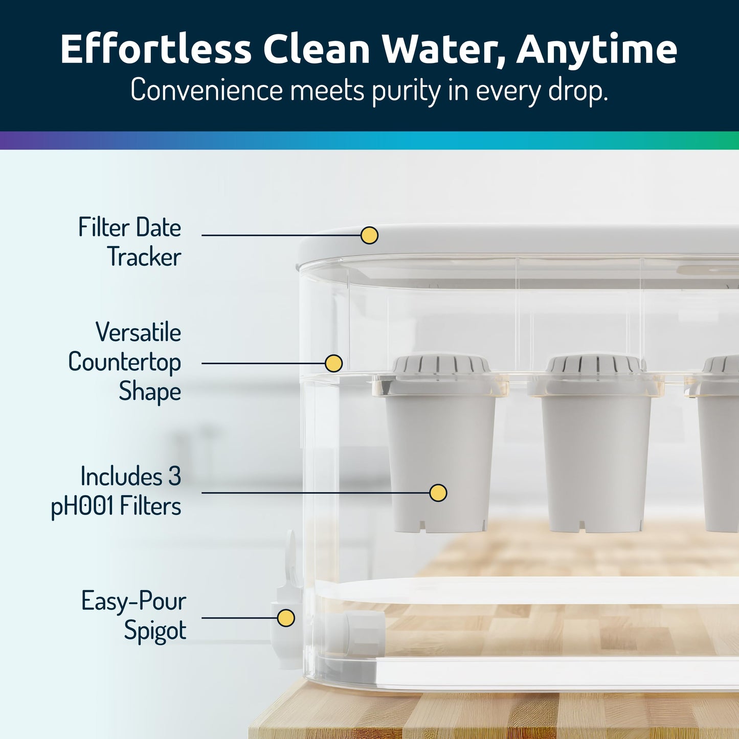 Alkaline Countertop Water Filter Dispenser, Large 52-Cup Capacity, Mineralized Alkaline Water, BPA-Free, 96 Gallons/Filter (White, 3 Filters Included)