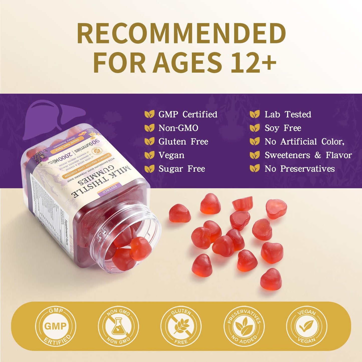 Milk Thistle Gummies with 2000MG Extract, Liver Health Support Gummies, Silymarin Milk Thistle Supplement with Artichoke, Dandelion, Turmeric Curcumin, No Sugar, for Adults, Vegan, 90 Count