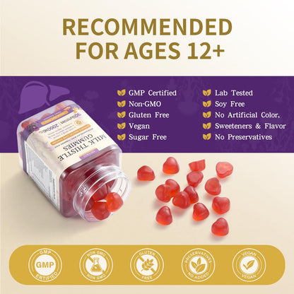 Milk Thistle Gummies with 2000MG Extract, Liver Health Support Gummies, Silymarin Milk Thistle Supplement with Artichoke, Dandelion, Turmeric Curcumin, No Sugar, for Adults, Vegan, 90 Count