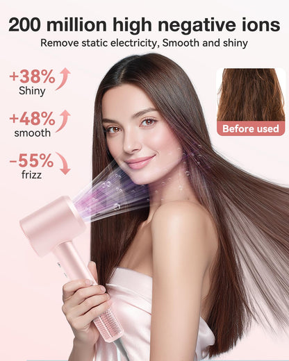 Hair Dryer, High-Speed Ionic Low Noise Blow Dryer with 160000 RPM Motor for Fast Drying, Thermo-Control Portable Hair Blow Dryer with Magnetic Nozzle for Home Travel Salon (Pink)