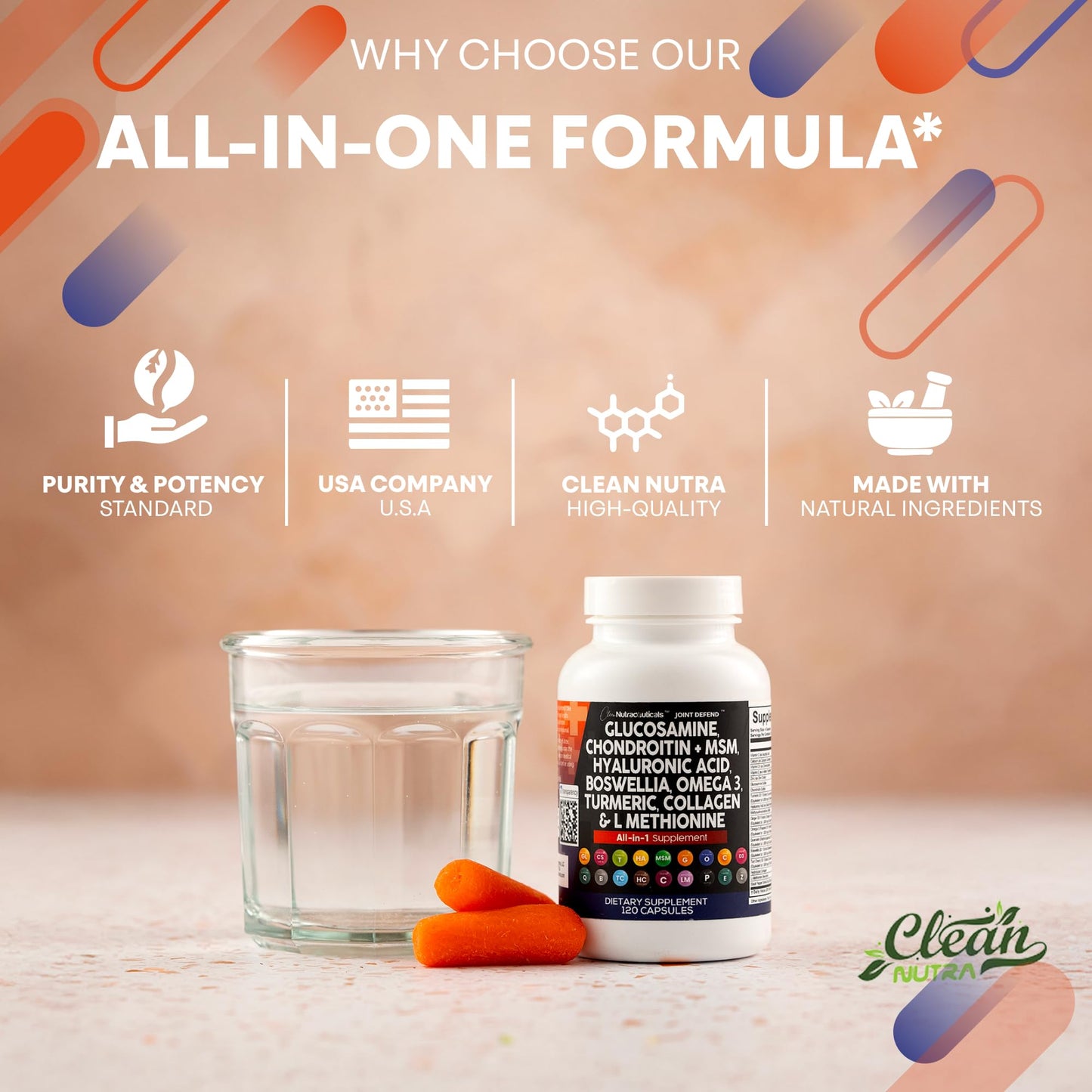 Clean Nutraceuticals Glucosamine Chondroitin MSM 1500mg with Turmeric Curcumin, Collagen, Hyaluronic Acid, Omega 3 – Joint Health Supplement for Men & Women – Joint Complex – 120 Count