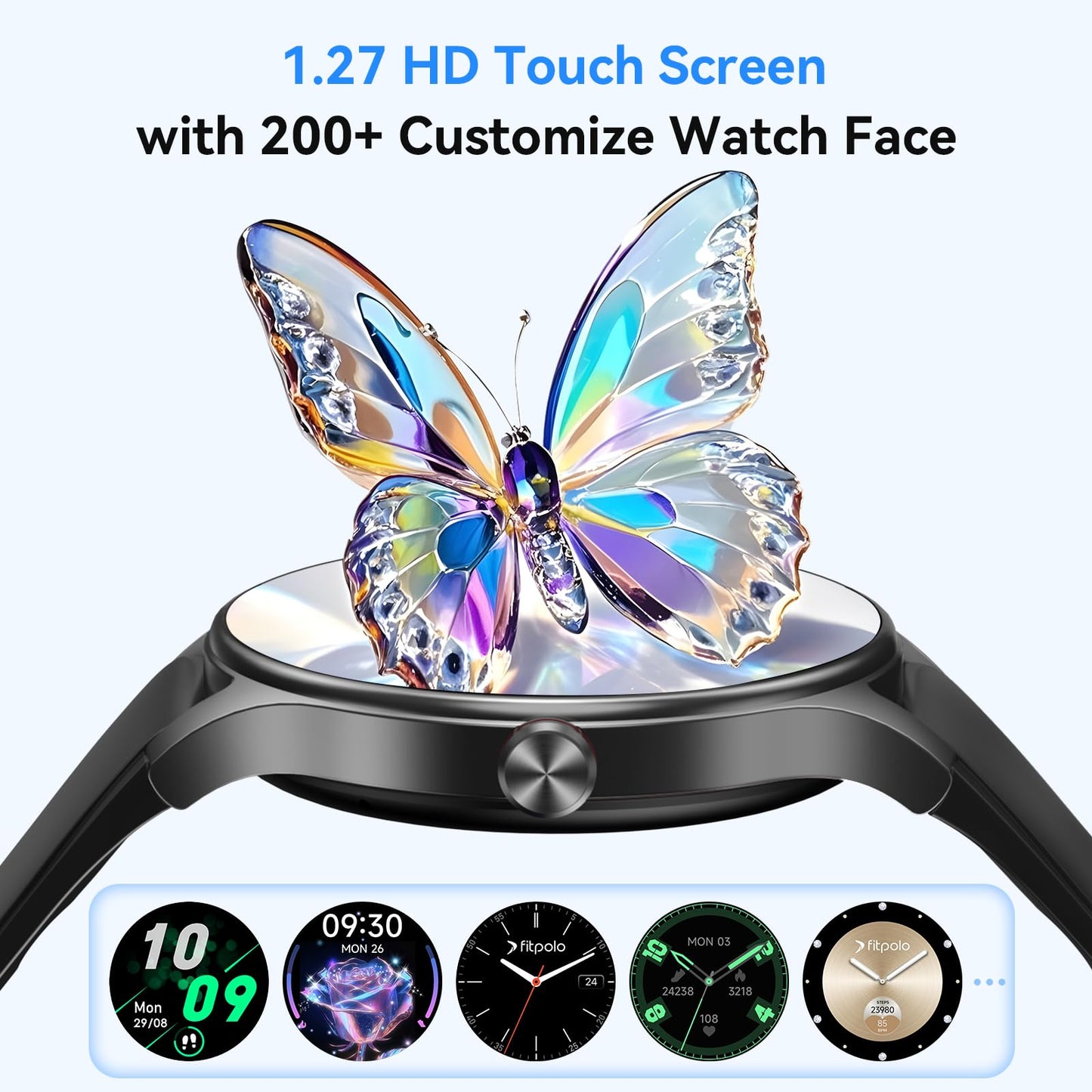 Fitpolo Smart Watches for Men/Women (2 Bands), 1.27" Round Smartwatch Fitness Tracker with Bluetooth Calls (Make/Answer), Heart Rate/SpO2/Sleep Monitor, 7 Days Battery, IP68 Waterproof - Black