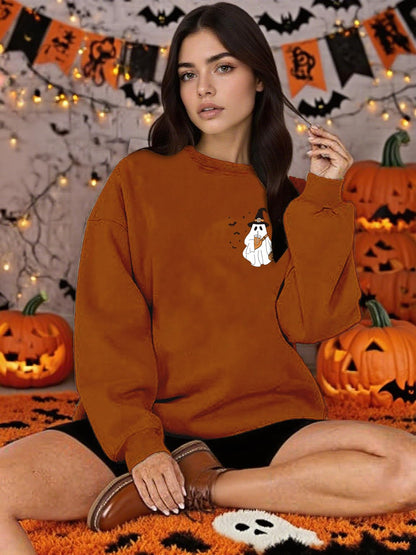 Halloween Sweatshirts for Women Cute Ghost Spooky Season Sweatshirt Long Sleeve Crewneck Graphic Tees Khaki