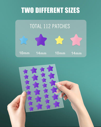 Acne Patches 112 Dots, Star Pimple Patches Hydrocolloid Acne Patches for Face Cute Zit Patches Pimple Stickers Acne Dots - Purple, Blue, Pink and Yellow