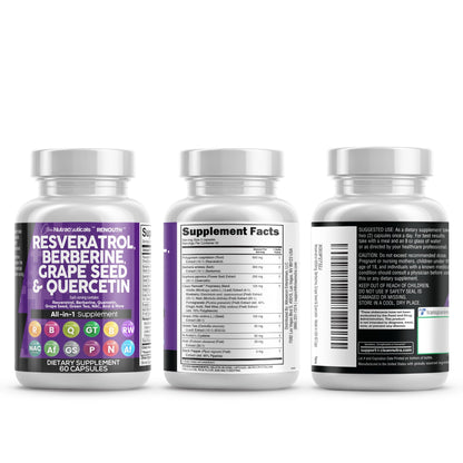 Clean Resveratrol Supplement | Berberine Grape Seed Extract Quercetin Green Tea Extract Acai Noni Polyphenol Supplement for Women & Men Anti Aging N-Acetyl Cysteine NAD Booster