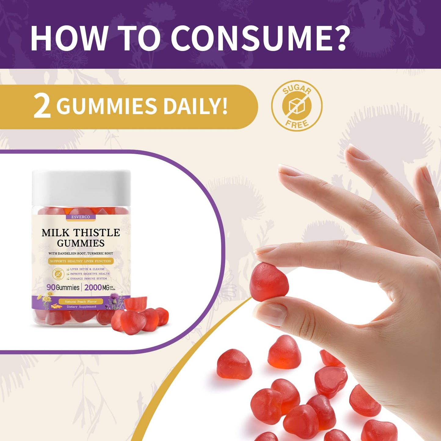 Milk Thistle Gummies with 2000MG Extract, Liver Health Support Gummies, Silymarin Milk Thistle Supplement with Artichoke, Dandelion, Turmeric Curcumin, No Sugar, for Adults, Vegan, 90 Count