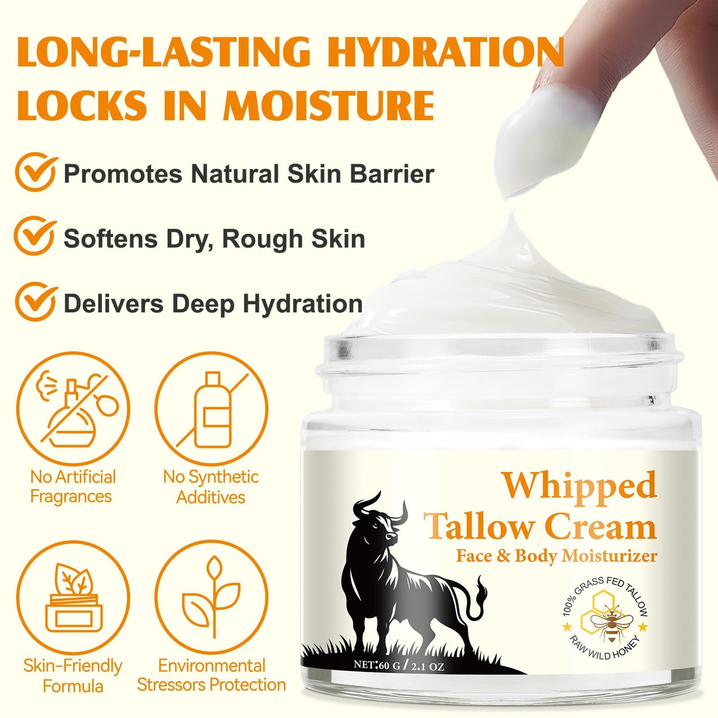 Beef Tallow and Honey Cream for Skin, Moisturizer Creams, Whipped Tallow Cream for Smooth Nourishing Face & Body, Natural Beef Tallow Balm for Skin Care, Beef Tallow, Butter and Honey Balm