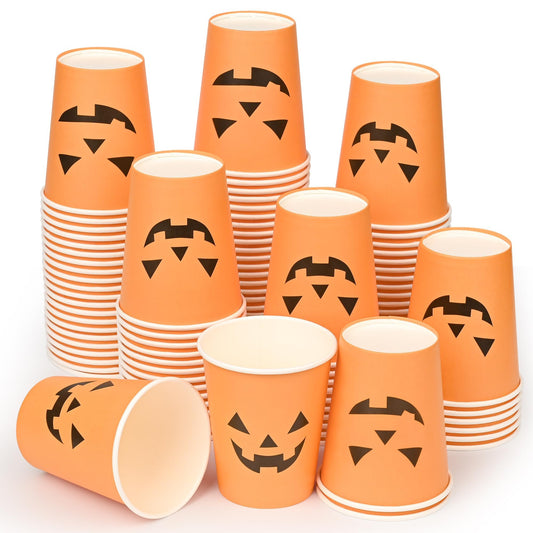100Pcs Halloween Pumpkin Cups - Disposable Paper Cups, 9oz Orange, Two Styles Jack O Lantern Pumpkin Face, Hot & Cold Beverage Cups for Halloween Party