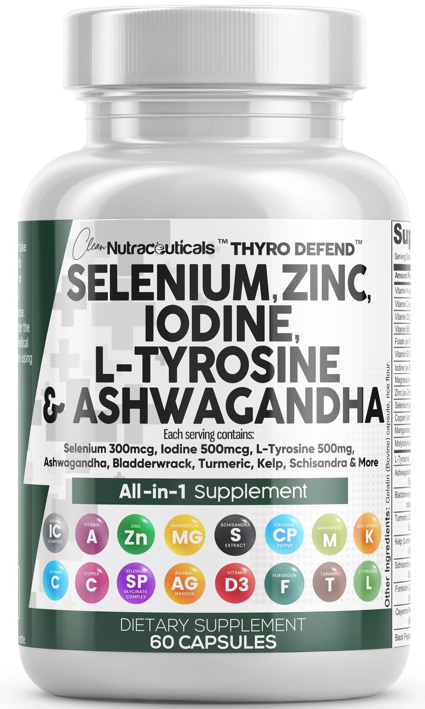 Selenium 300mcg Iodine 500mcg Thyroid Support for Women & Men | L Tyrosine 500mg Ashwagandha Supplement Bladderwrack, Turmeric, Kelp, Schisandra Zinc Pills Capsule Supplements