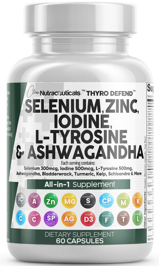 Selenium 300mcg Iodine 500mcg Thyroid Support for Women & Men | L Tyrosine 500mg Ashwagandha Supplement Bladderwrack, Turmeric, Kelp, Schisandra Zinc Pills Capsule Supplements