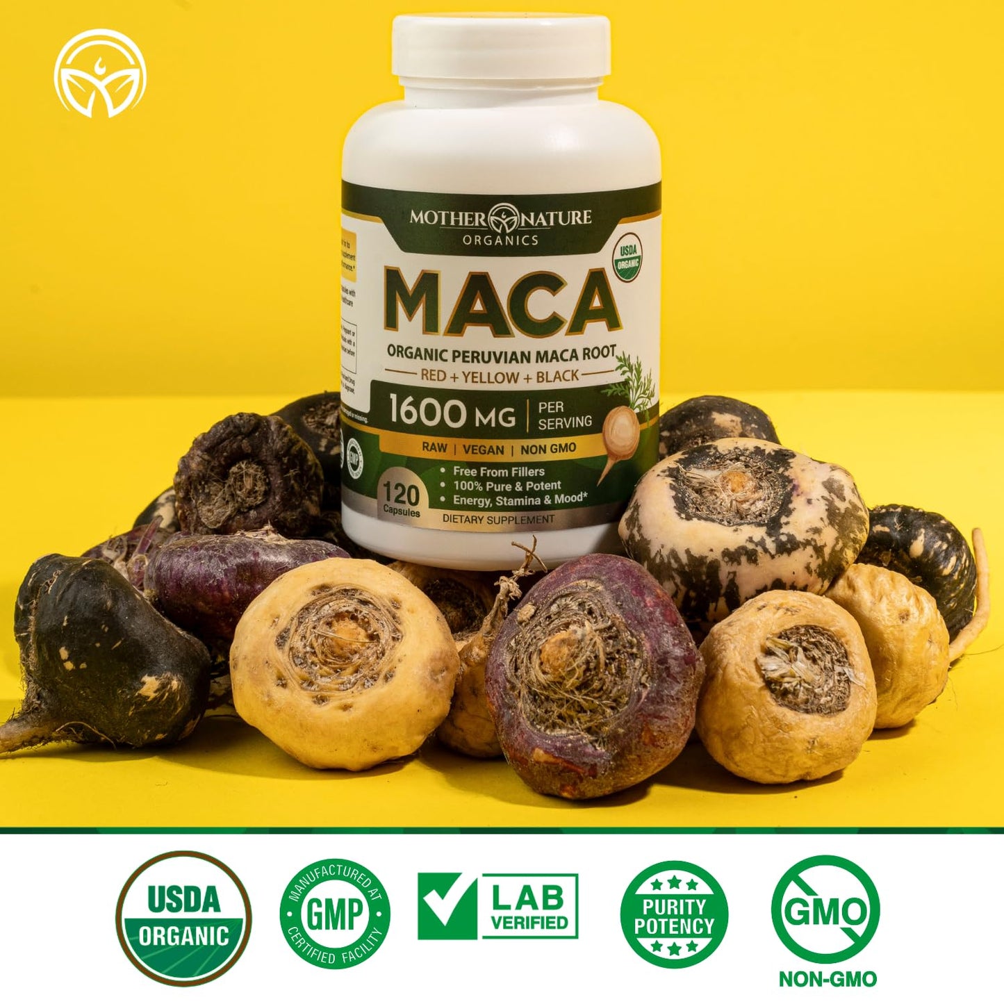 Mother Nature Organic Maca Root Capsules – 1600mg, 120 Vegan Capsules – Non GMO Peruvian Yellow, Red & Black Maca for Men & Women - Energy, Hormone, Brain & Weight Well-Being