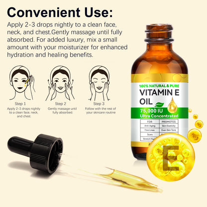 Natural Vitamin E Oil for Skin, 75,000 IU Ultra Concentrated Vitamin E Oil for Face, Hair and Scars, Moisturizing Dry Skin Oils, Promotes Skin Elasticity
