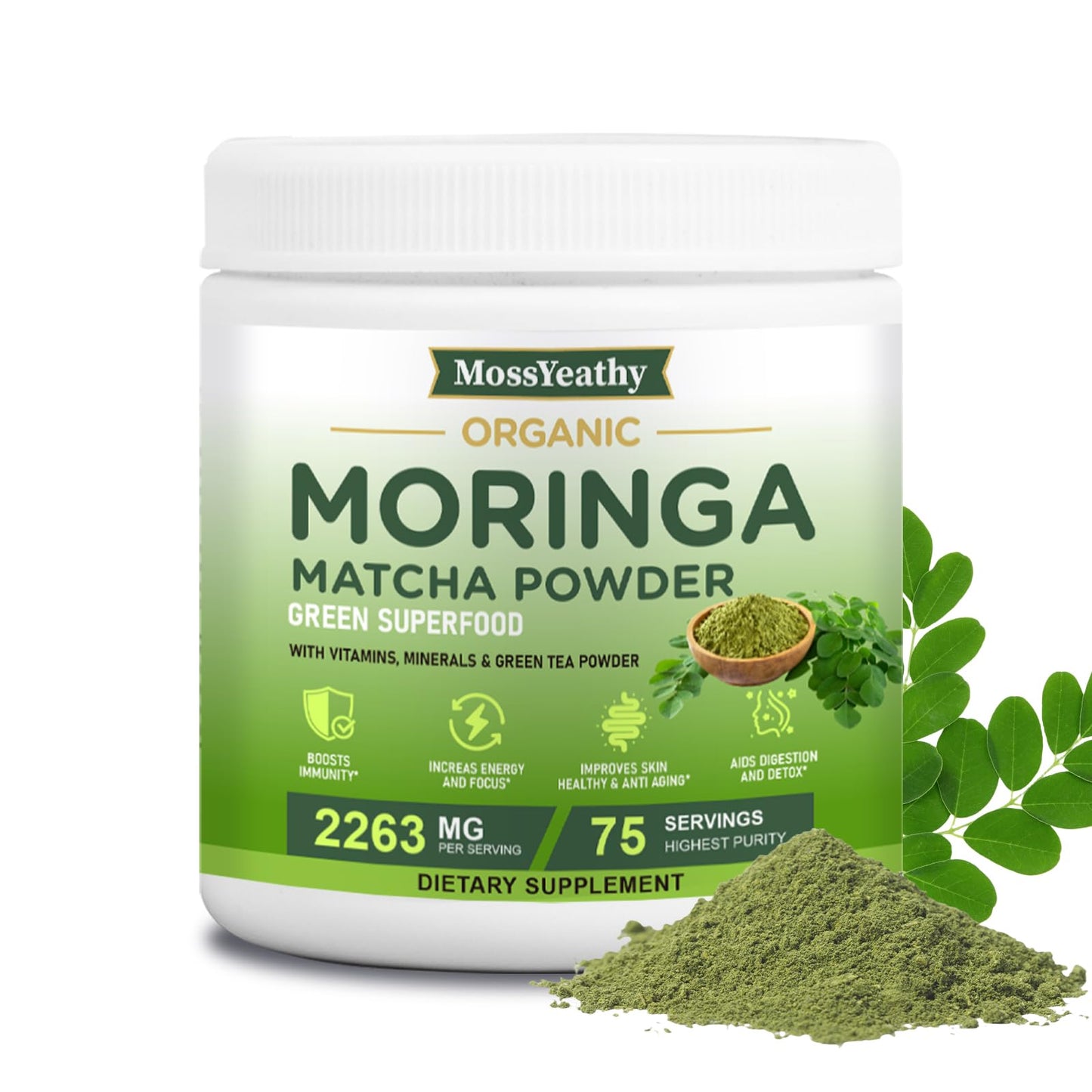 Moringa Powder Organic with Matcha, Green Teas & Resveratrol, 8 OZ Superfood Energy Booster, Antioxidant & Immune Support, Vegan, Gluten Free, Easy-to-Mix (1 Pack)