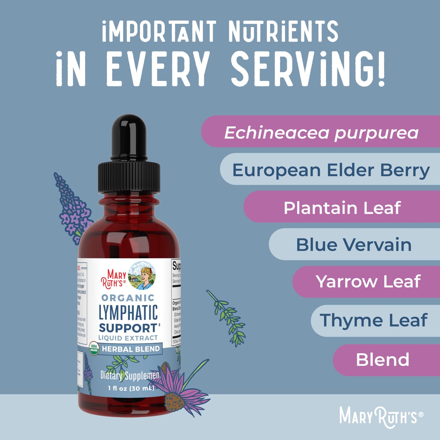 MaryRuth Organics Lymphatic Support Drops | USDA Organic Lymphatic Cleanse Immune Support Supplement| Lymphatic Support with Echinacea & Elderberry | Blue Vervain | Vegan | Non-GMO | 30 Servings