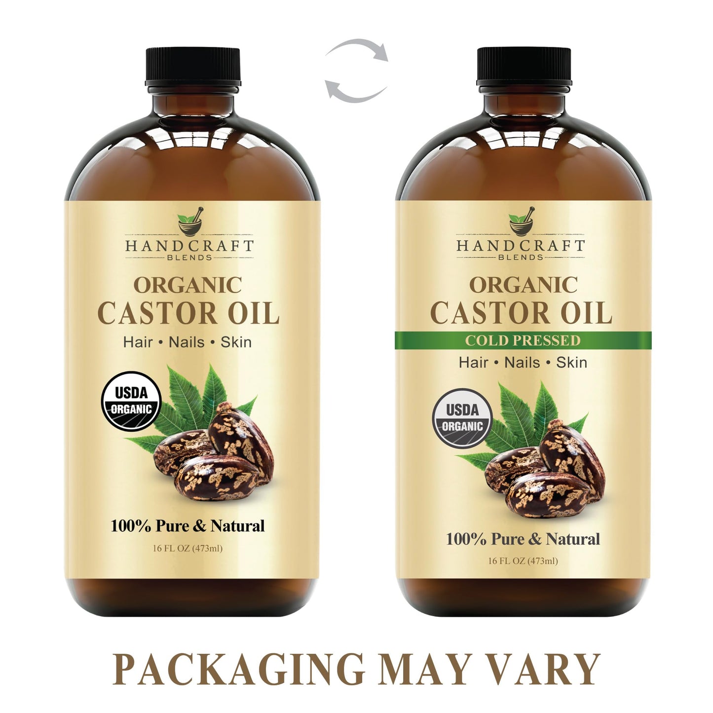 Handcraft Blends Cold-Pressed Organic Castor Oil in Glass Bottle - 16 Fl Oz - 100% Pure and Natural - Premium Grade Carrier Oil for Hair Growth, Eyelashes and Eyebrows - Hair and Body