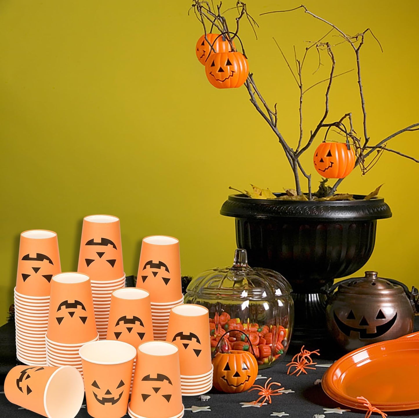 100Pcs Halloween Pumpkin Cups - Disposable Paper Cups, 9oz Orange, Two Styles Jack O Lantern Pumpkin Face, Hot & Cold Beverage Cups for Halloween Party