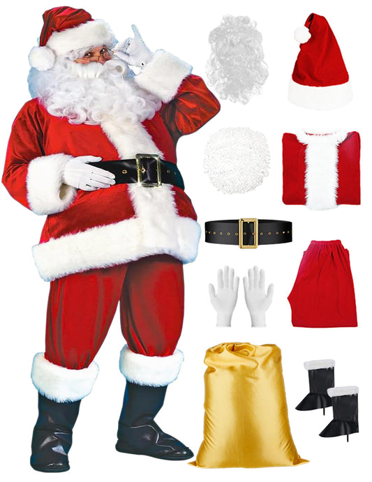 Santa Claus Costume for Men 9-Piece - Deluxe Santa Suit with Hat, Christmas Party Costume for Men Adult Santa Outfit