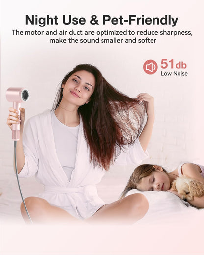 Hair Dryer, High-Speed Ionic Low Noise Blow Dryer with 160000 RPM Motor for Fast Drying, Thermo-Control Portable Hair Blow Dryer with Magnetic Nozzle for Home Travel Salon (Pink)