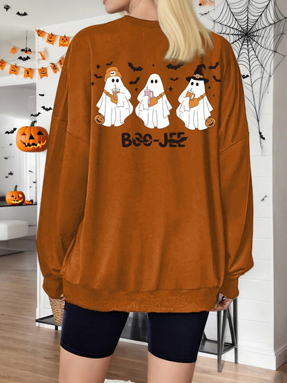 Halloween Sweatshirts for Women Cute Ghost Spooky Season Sweatshirt Long Sleeve Crewneck Graphic Tees Khaki