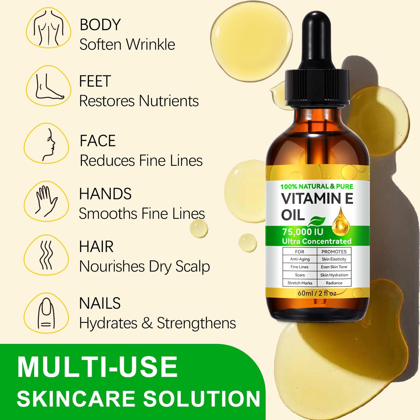 Natural Vitamin E Oil for Skin, 75,000 IU Ultra Concentrated Vitamin E Oil for Face, Hair and Scars, Moisturizing Dry Skin Oils, Promotes Skin Elasticity