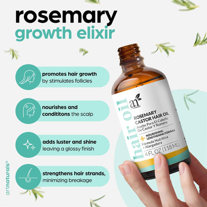 ArtNaturals Organic Rosemary & Castor Hair Growth Oil + Scalp Massager Set – Hair Relaxer for Dry, Itchy Scalp, Thickening & Hydration - Scalp Oil Products For Damaged Hair & Split Ends – 4.0 oz