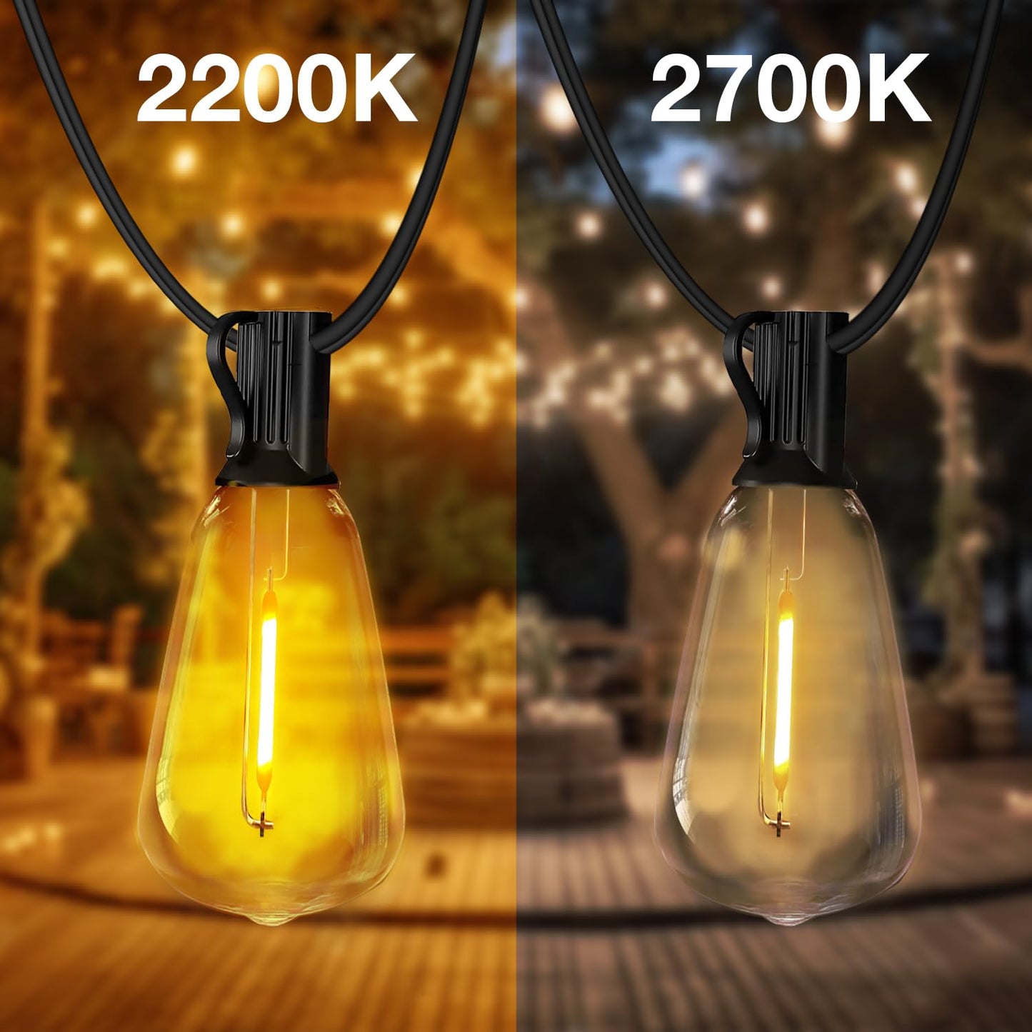 Outdoor String Lights Waterproof LED Edison Outside Lights, 2200K 34 Shatterproof ST38 Bulbs, Hanging Umbrella Lite for Garden Camping Patio Porch Backyard Deck Balcony