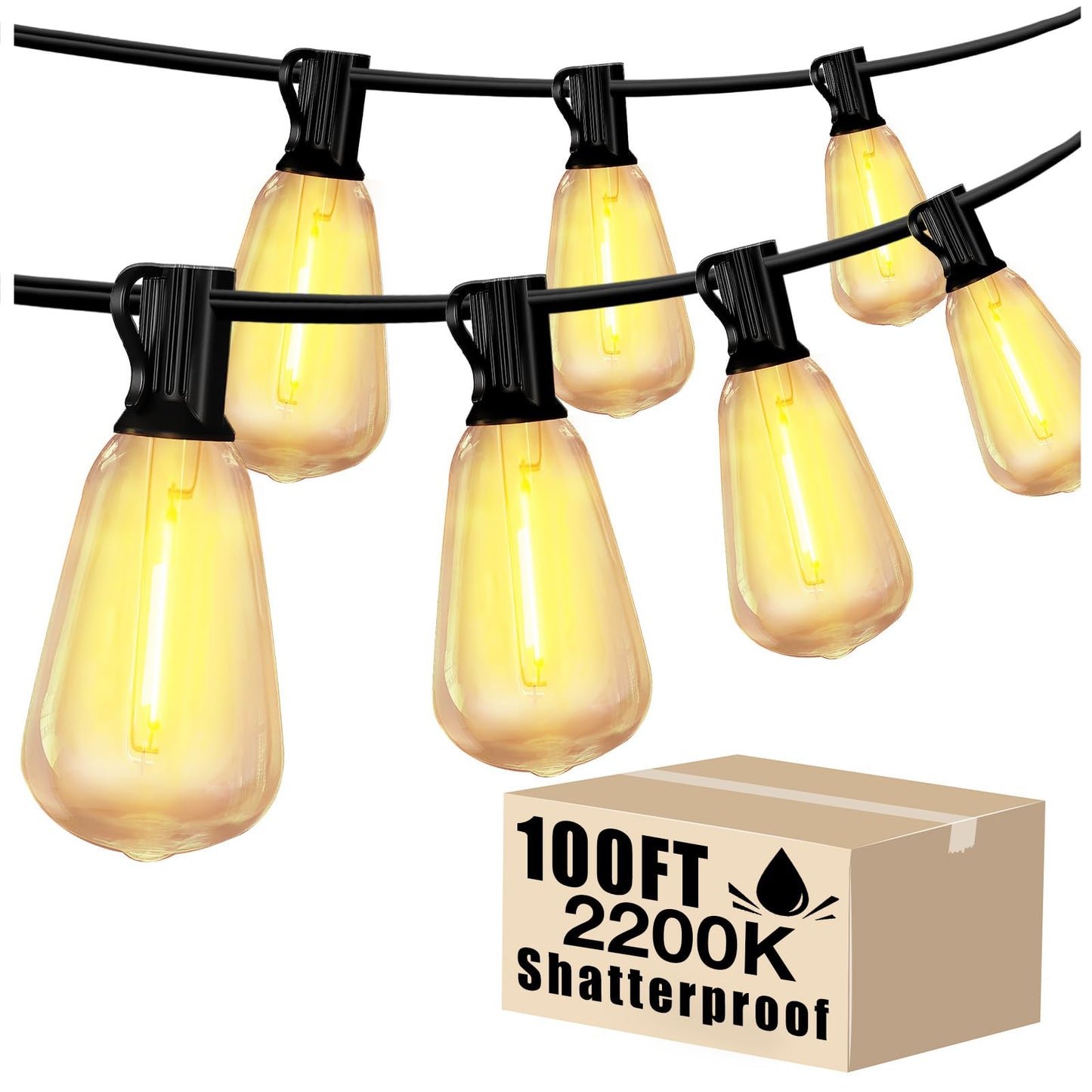 Outdoor String Lights Waterproof LED Edison Outside Lights, 2200K 34 Shatterproof ST38 Bulbs, Hanging Umbrella Lite for Garden Camping Patio Porch Backyard Deck Balcony