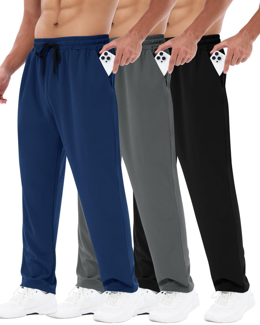 3 Pack Mens Sweatpants with Pockets - Mesh Open Bottom Athletic Joggers for Men Loose Fit Gym Workout Running Casual Pants