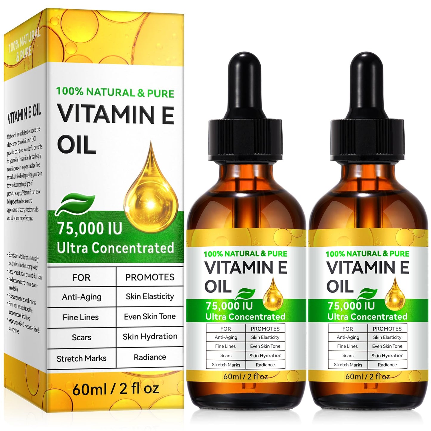 Natural Vitamin E Oil for Skin, 75,000 IU Ultra Concentrated Vitamin E Oil for Face, Hair and Scars, Moisturizing Dry Skin Oils, Promotes Skin Elasticity