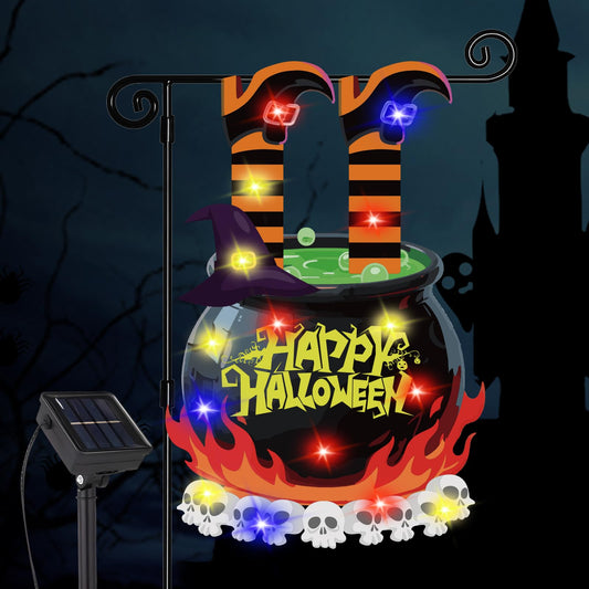 Halloween LED Garden Flag Light Up Solar Powered, Witch Cauldron Decorations Outdoor, Double Sided Oxford Decorative Flag for Lawn Yard Outside Decor, 12x18 Inches