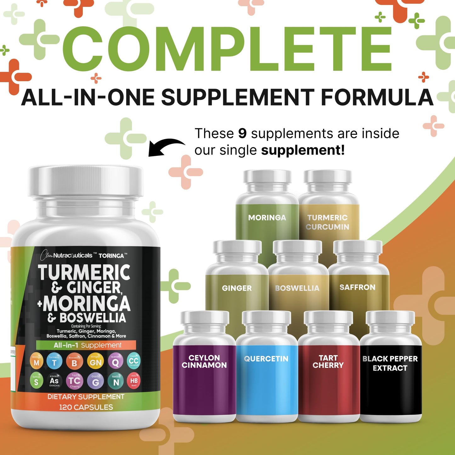 Turmeric Moringa Supplement | Ginger Boswellia Saffron - Supplement for Women and Men with Ceylon Cinnamon, Tart Cherry, Quercetin Garlic Nettle Holy Basil - 1Pack