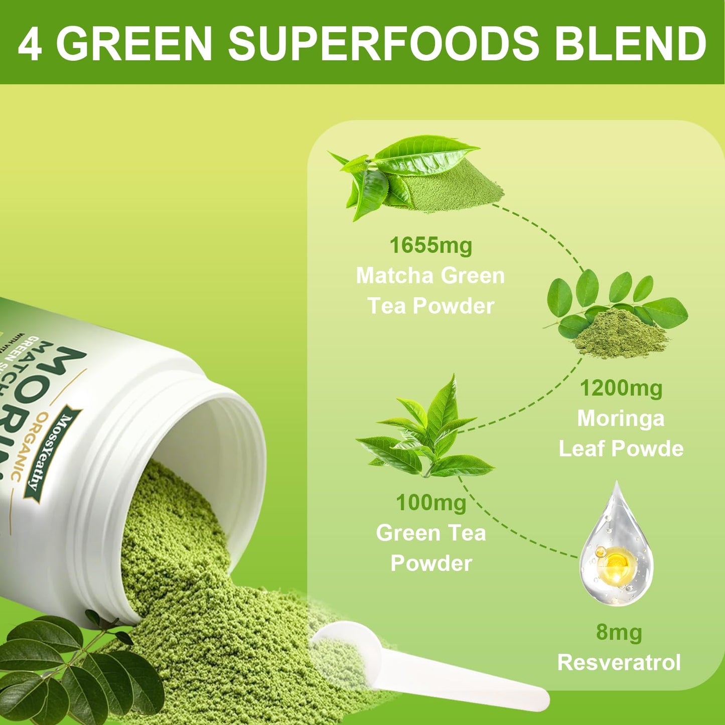 Moringa Powder Organic with Matcha, Green Teas & Resveratrol, 8 OZ Superfood Energy Booster, Antioxidant & Immune Support, Vegan, Gluten Free, Easy-to-Mix (1 Pack)