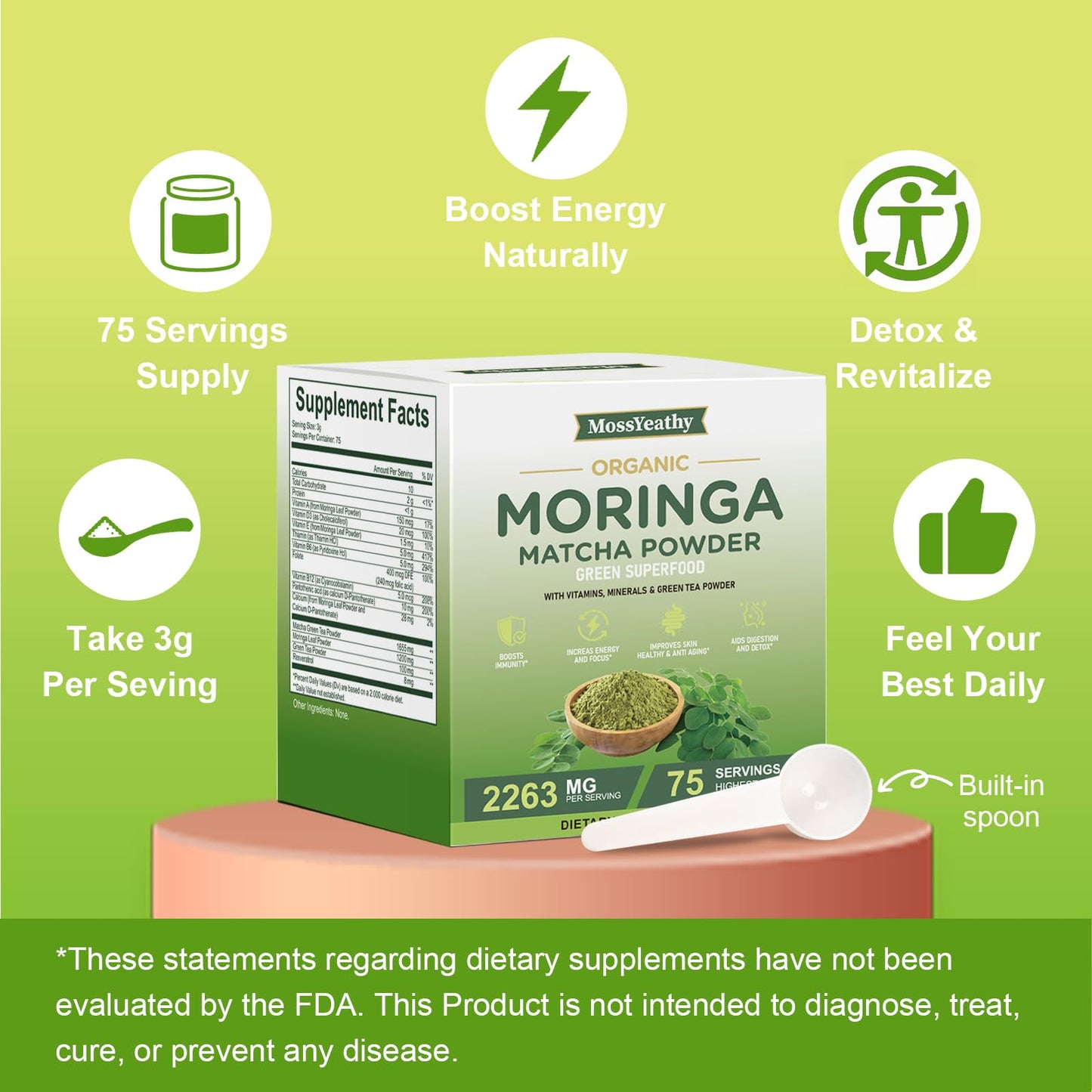 Moringa Powder Organic with Matcha, Green Teas & Resveratrol, 8 OZ Superfood Energy Booster, Antioxidant & Immune Support, Vegan, Gluten Free, Easy-to-Mix (1 Pack)