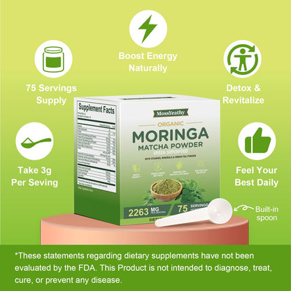Moringa Powder Organic with Matcha, Green Teas & Resveratrol, 8 OZ Superfood Energy Booster, Antioxidant & Immune Support, Vegan, Gluten Free, Easy-to-Mix (1 Pack)