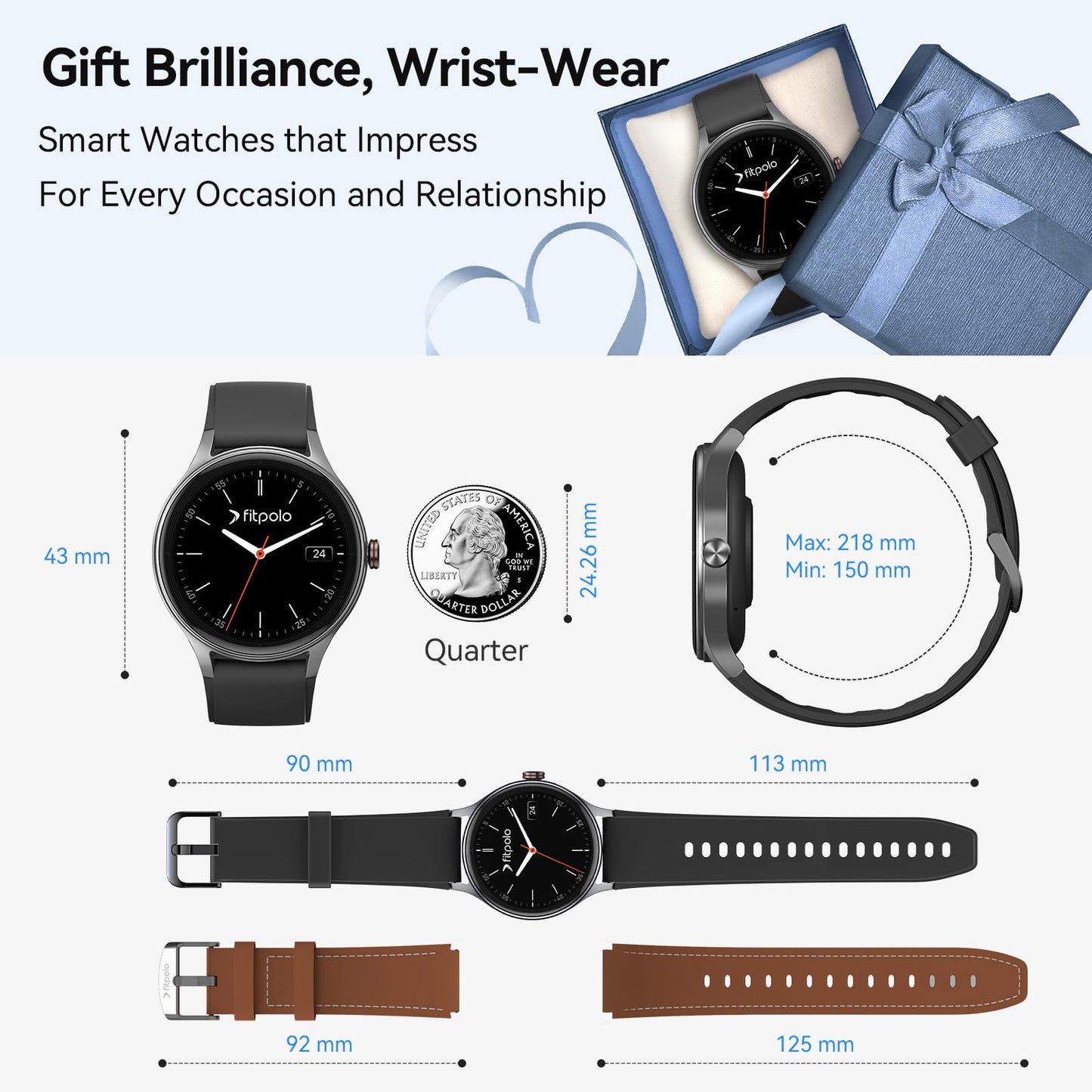 Fitpolo Smart Watches for Men/Women (2 Bands), 1.27" Round Smartwatch Fitness Tracker with Bluetooth Calls (Make/Answer), Heart Rate/SpO2/Sleep Monitor, 7 Days Battery, IP68 Waterproof - Black