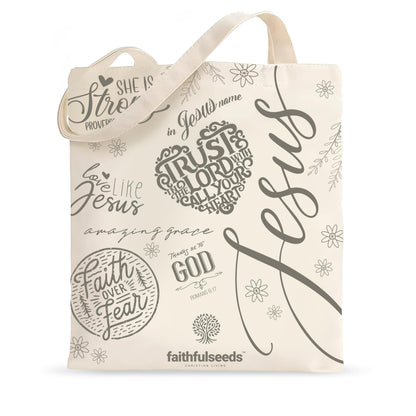 Tote Bag Jesus, Faith Over Fear” 15.7"x13.7" – Christian Scripture & Floral Design – Reusable Shoulder Tote for Bible, Books, Everyday Carry