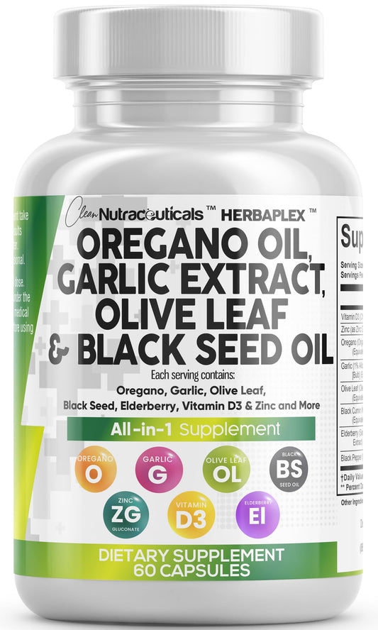 Oregano Oil with Black Seed Oil Garlic Olive Leaf Extract - Oil of Oregano Capsules Immune Support Carvacrol & Thymoquinone Supplement for Women and Men + Elderberry Vitamin D3 & Zinc