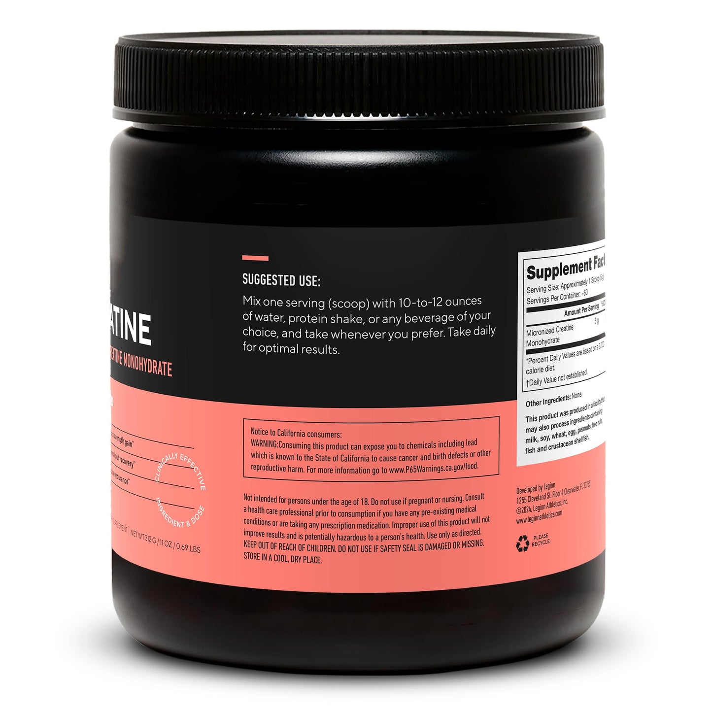LEGION Micronized Creatine Monohydrate Supplement - Clean Creatine Powder for Muscle Gain & Post Workout Recovery - Micronized Creatine Supplement for Maximum Absorption (60 Servings, Unflavored)