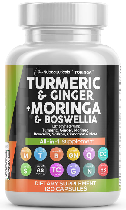Turmeric Moringa Supplement | Ginger Boswellia Saffron - Supplement for Women and Men with Ceylon Cinnamon, Tart Cherry, Quercetin Garlic Nettle Holy Basil - 1Pack