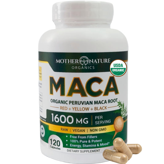 Mother Nature Organic Maca Root Capsules – 1600mg, 120 Vegan Capsules – Non GMO Peruvian Yellow, Red & Black Maca for Men & Women - Energy, Hormone, Brain & Weight Well-Being