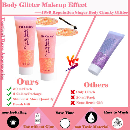 Body Glitter Face Glitter Gel: Singer Concerts Disco Festival Rave Accessories Face Glitter Makeup 150ml Chunky Sequins Mermaid Face Body Hair Glitter Gel (2 Orange)