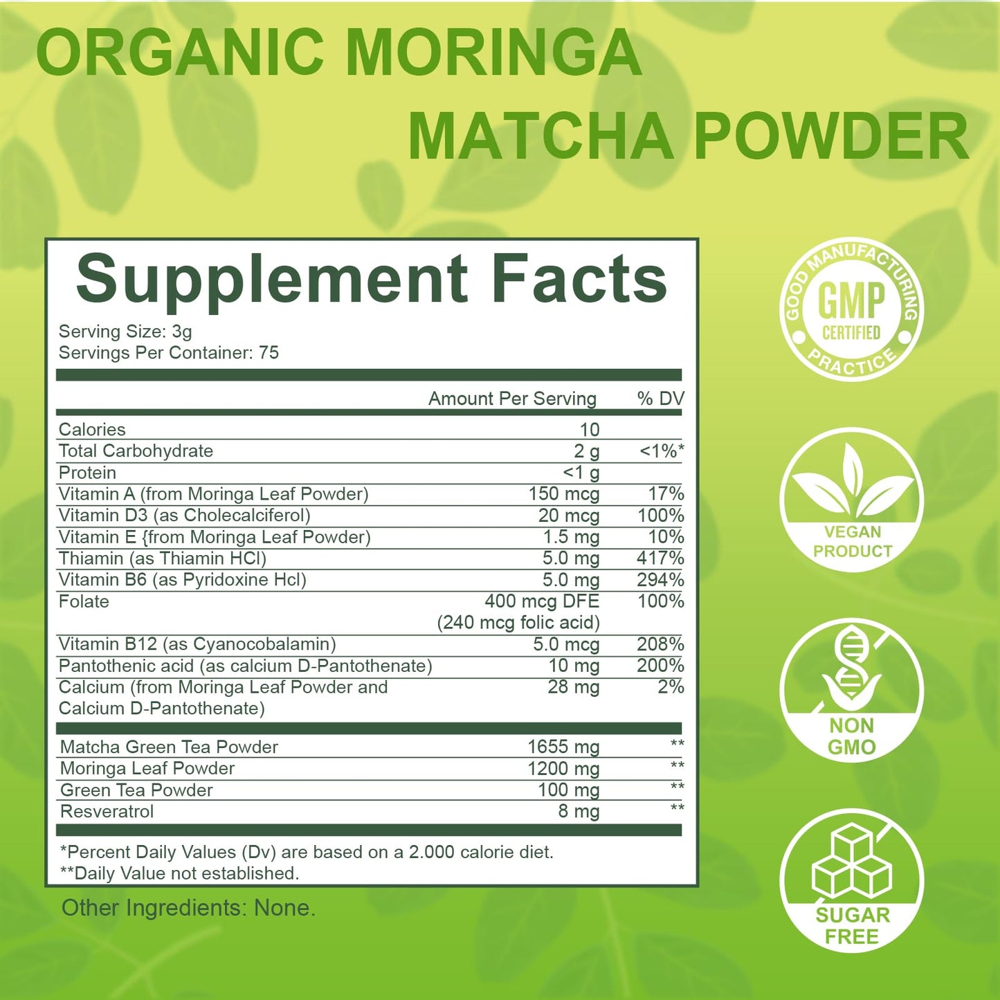 Moringa Powder Organic with Matcha, Green Teas & Resveratrol, 8 OZ Superfood Energy Booster, Antioxidant & Immune Support, Vegan, Gluten Free, Easy-to-Mix (1 Pack)