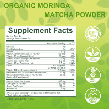 Moringa Powder Organic with Matcha, Green Teas & Resveratrol, 8 OZ Superfood Energy Booster, Antioxidant & Immune Support, Vegan, Gluten Free, Easy-to-Mix (1 Pack)
